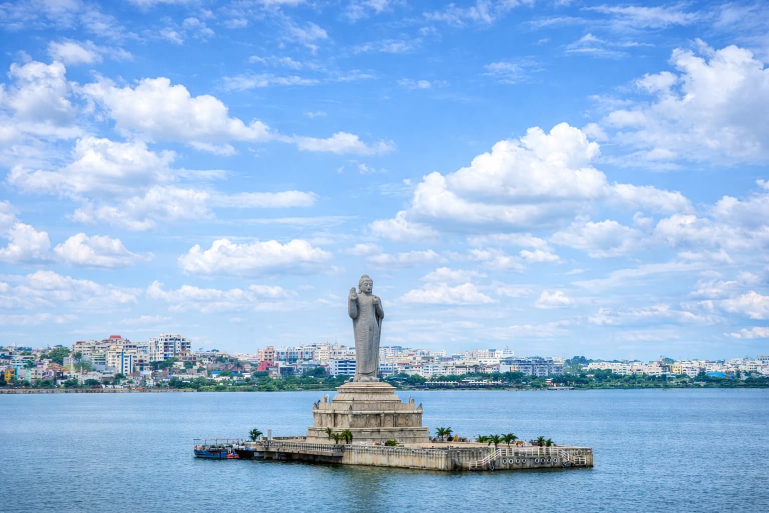 Hussain Sagar Lake view with Buddha statue in the distance